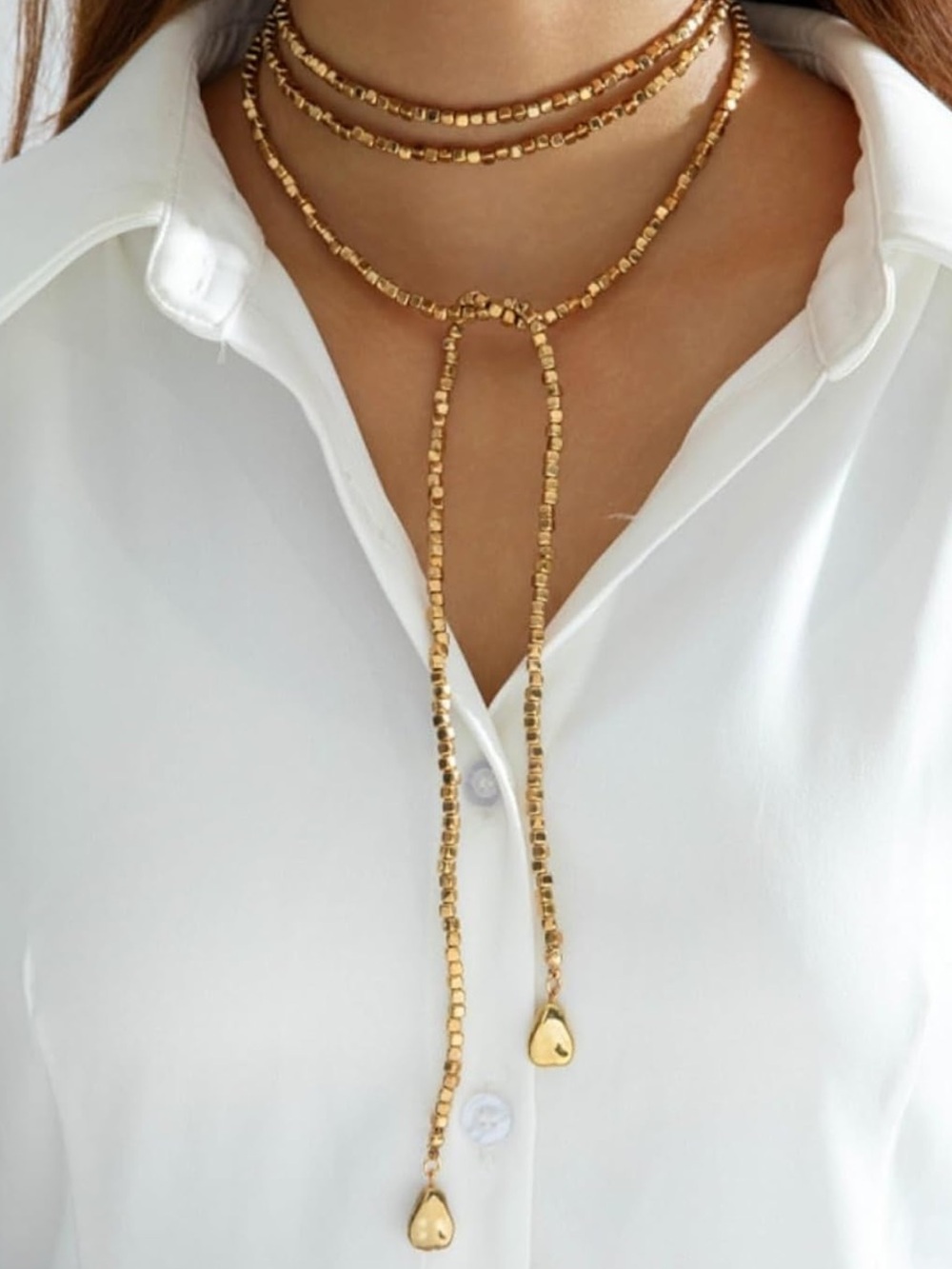 Anthropologie Gold Layered Lariat Necklace with Beaded Drop - Picture 4 of 5